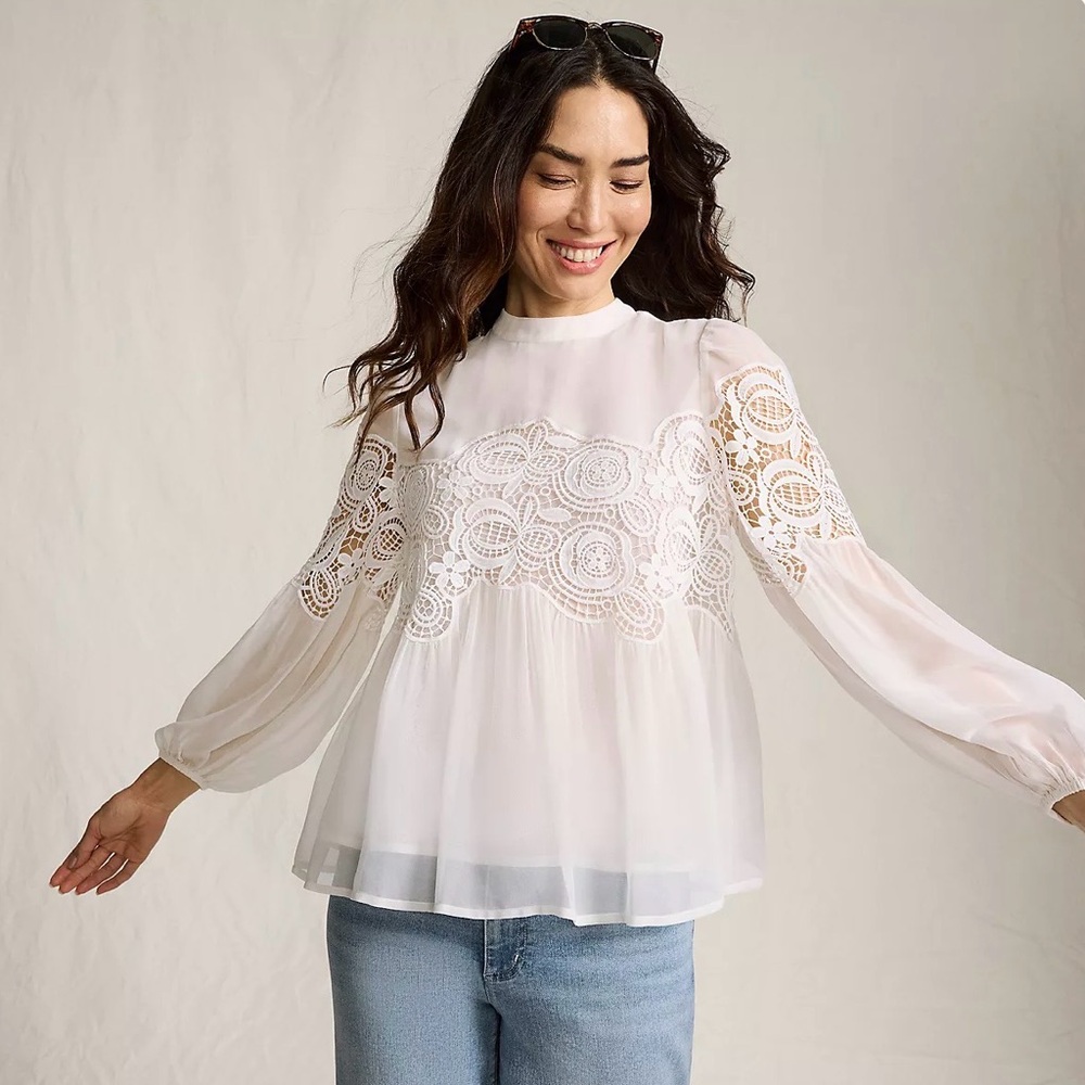 Lands End Women's Chiffon and Lace Blouse White Medium Boho Cottage Core Peasant